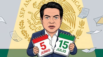 Caricatura digital de Mario Delgado Carrillo con saco azul y camisa blanca, sosteniendo un calendario escolar roto con "5 JUNIO" y "15 JULIO". Fondo con logo de la SEP.