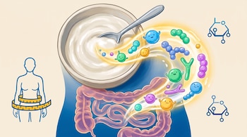 Un tazón de yogur con una cuchara emite microorganismos de colores hacia unos intestinos, junto a la silueta de una figura con cinta métrica.