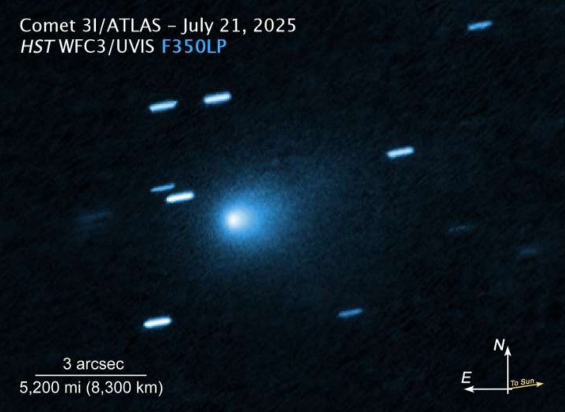 12/09/2025 Esta imagen del cometa interestelar 3I/ATLAS fue capturada por la cámara de campo amplio del telescopio espacial Hubble el 21 de julio de 2025.POLITICA INVESTIGACIÓN Y TECNOLOGÍANASA, ESA, D. JEWITT (UCLA)J. DEPASQUALE (STSCI)