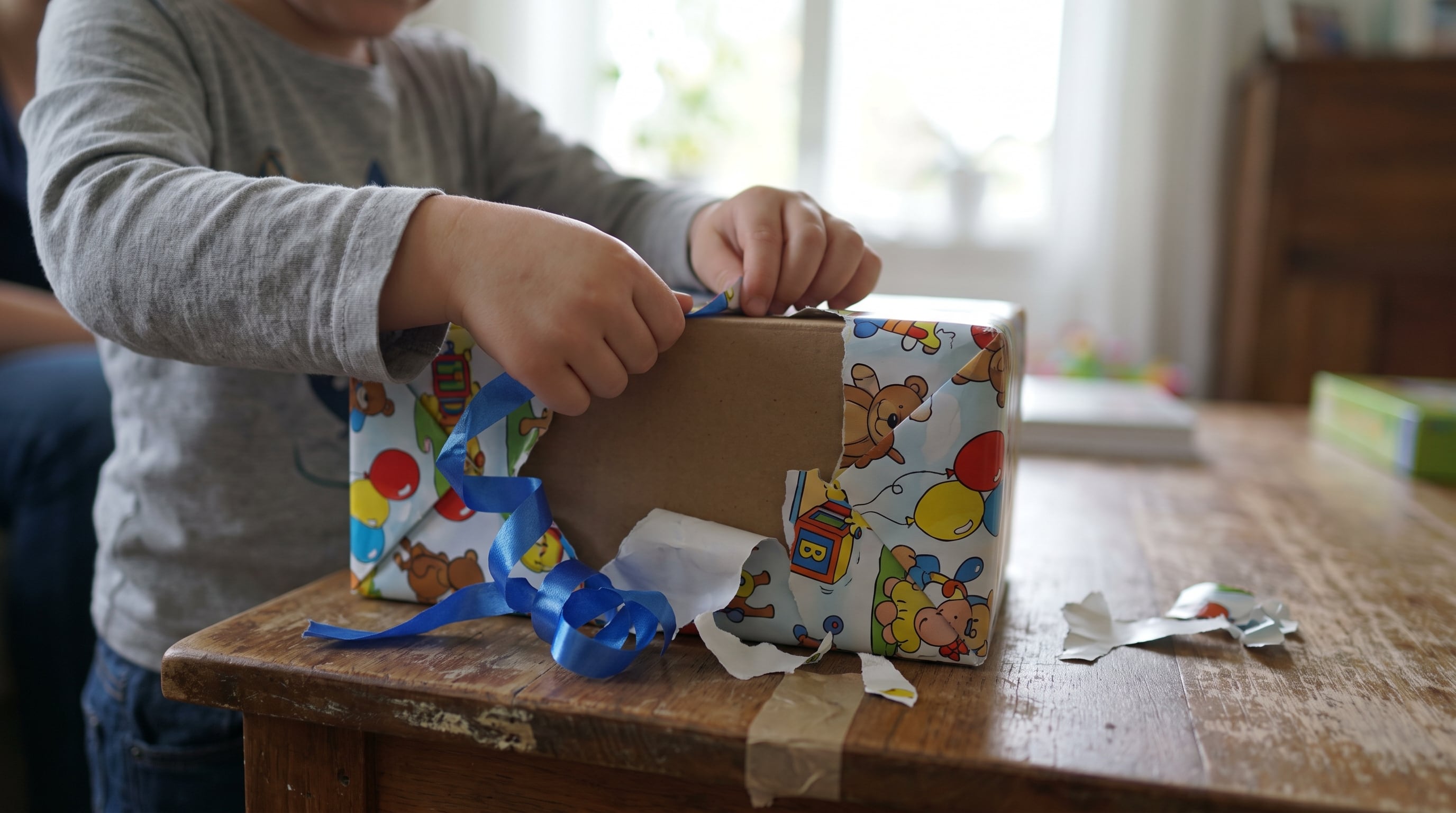 Un niño abre un regalo decorado con motivos infantiles, una escena común en celebraciones como el Día del Niño. (Imagen Ilustrativa Infobae)