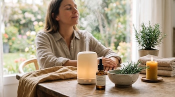 Una mujer con ojos cerrados sentada ante una mesa con un difusor de vapor, un frasco de aceite esencial de romero, ramas y una vela encendida.