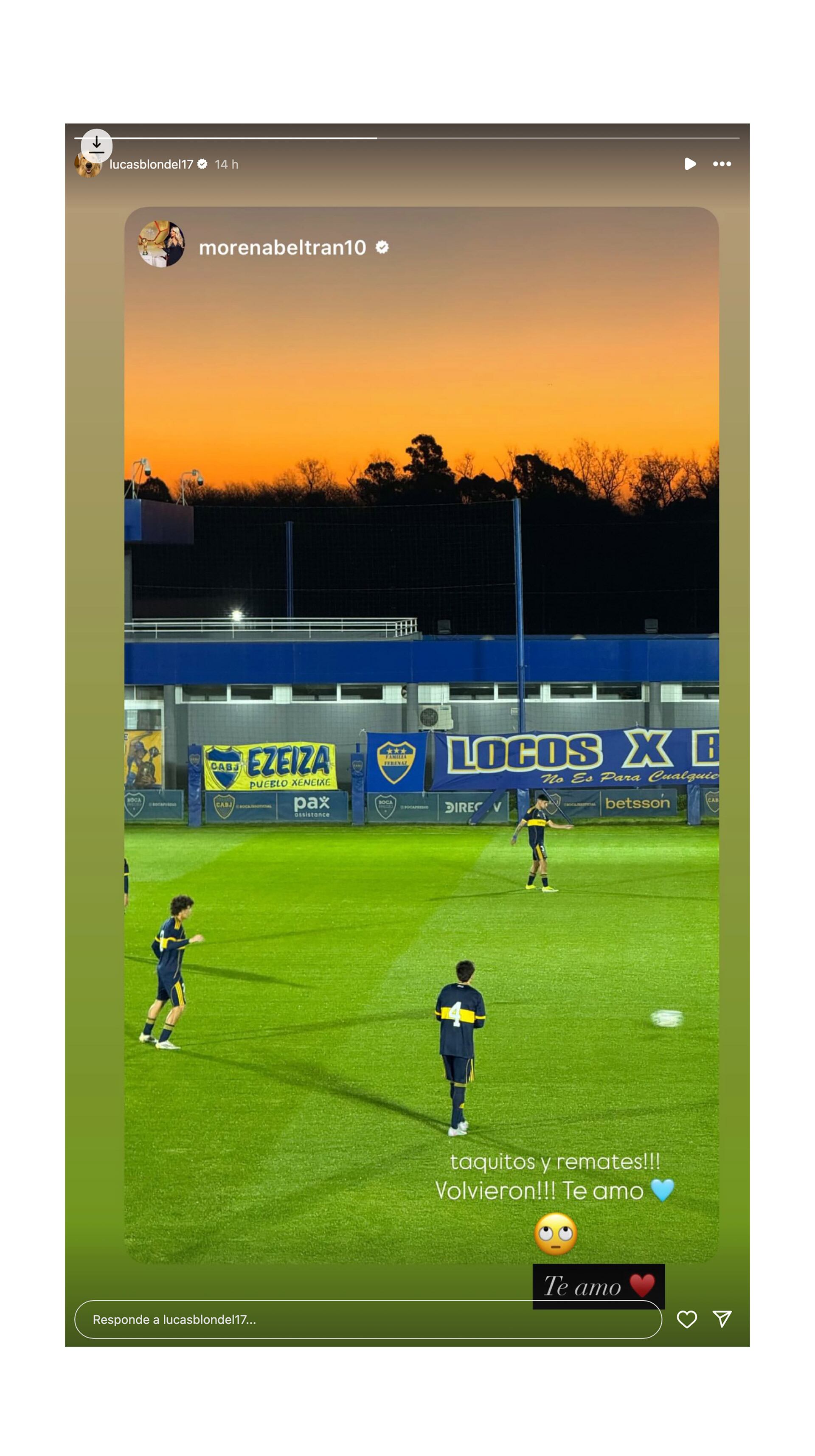 El tierno ida y vuelta entre Morena Beltrán y Lucas Blondel en redes sociales (@lucasblondel17)