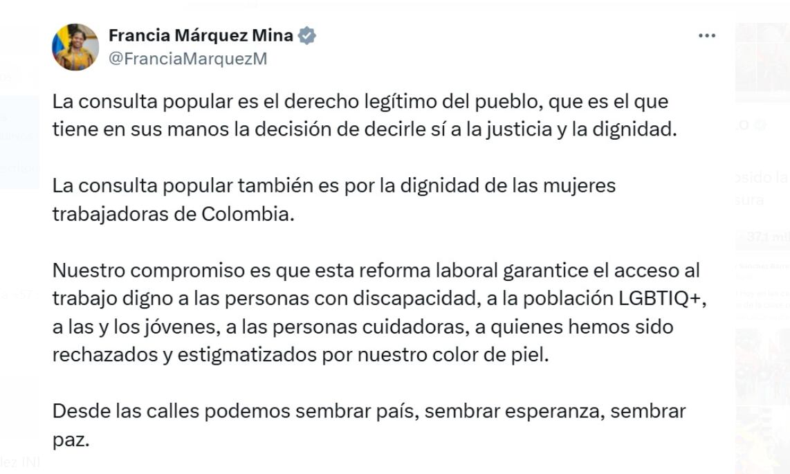 Francia Márquez destacó la consulta popular como un derecho legítimo y celebró con su gente en Cali - crédito @FranciaMarquezM/X
