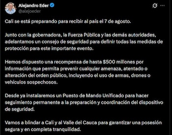 La Alcaldía de Cali garantizó la protesta pacífica y advirtió tolerancia cero frente a bloqueos, vandalismo y hechos de violencia - crédito @alejoeder / X