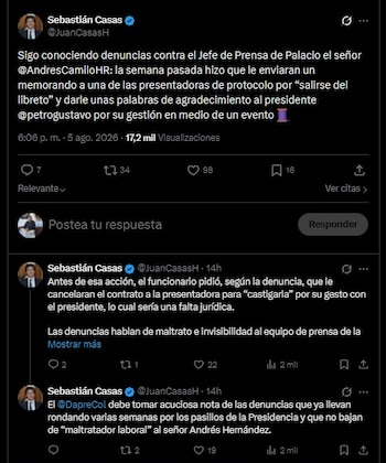 Las denuncias fueron divulgadas por Sebastián Casas en la red social X, donde también señaló presuntos casos de maltrato laboral en la Casa de Nariño - crédito Sebastian Casas/X