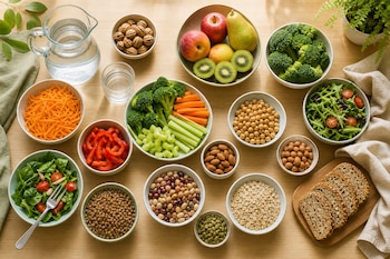 Cuencos con brócoli, zanahoria, pimientos, frutas, frutos secos, legumbres, avena, pan integral y una jarra de agua sobre una mesa.