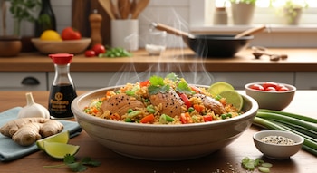 Tazón de arroz con pollo con zanahorias, guisantes, pimientos, lima, cilantro, semillas de sésamo, ajo, jengibre, cebollines y salsa de soja.