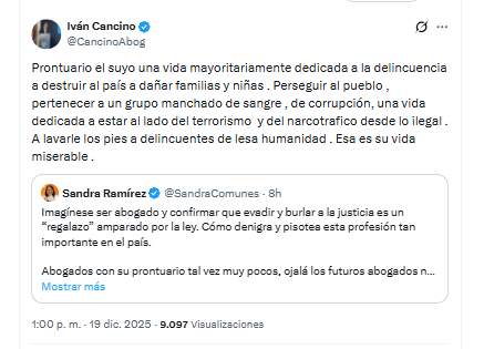 El abogado Iván Cancino aseguró que Sandra Ramírez ha tenido una vida basada en la delincuencia - crédito @CancinoAbog/X