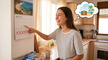 Una joven sonriente señala un calendario de Julio de 2026, días 26-29 con X. Una burbuja de pensamiento muestra una playa, avión y maleta de viaje.