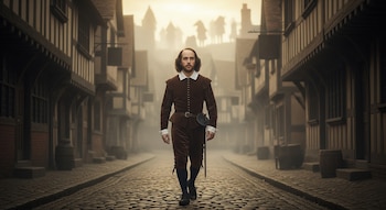 Un joven William Shakespeare vestido de época camina por una calle empedrada en Stratford-upon-Avon, flanqueada por casas de entramado de madera bajo una niebla dorada.