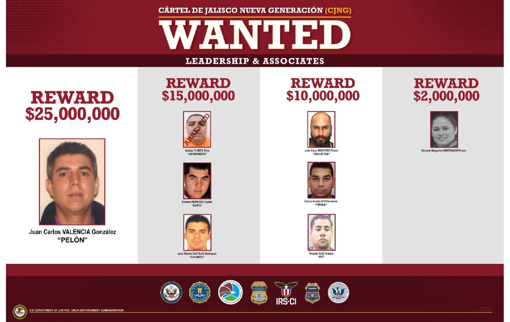El Departamento de Justicia de Estados Unidos anunció recompensas por más de USD 100 millones contra ocho líderes del Cártel de Jalisco Nueva Generación (DEA)