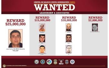 Póster de "Se Busca" del Cártel de Jalisco Nueva Generación con ocho fotografías de personas, montos de recompensas y logos de agencias de Estados Unidos