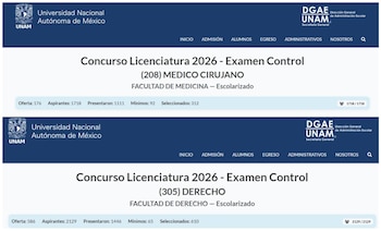 Resultados de la UNAM en las carreras de Médico Cirujano y en Derecho.