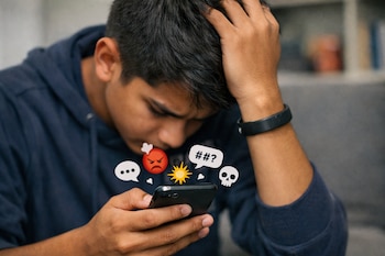 Primer plano de un adolescente moreno con sudadera azul oscuro, mirando su celular con expresión de preocupación; iconos de enojo, exclamación y calavera flotan sobre la pantalla.