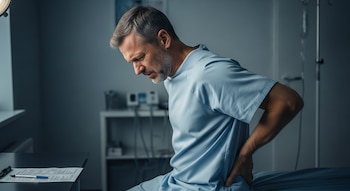 Hombre de mediana edad con bata de hospital azul pálido, sentado en una cama, con expresión de dolor mientras se sujeta la espalda baja con ambas manos.