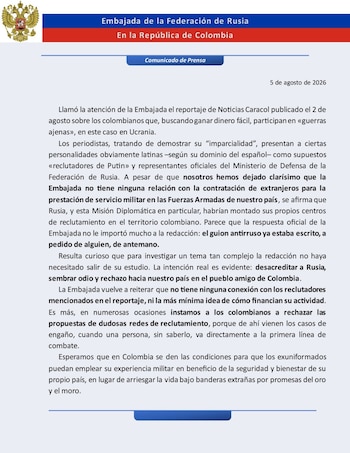 Comunicado Embajada de Rusia en Colombia - crédito @RusiaColombia/X