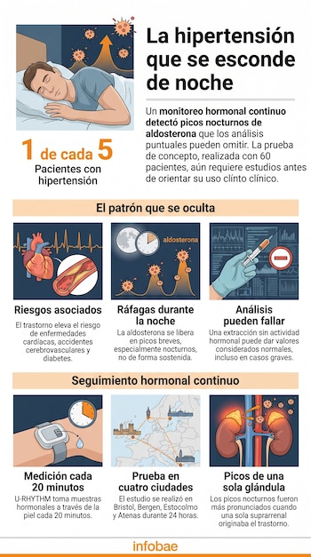 Una infografía médica con ilustraciones de una persona durmiendo, arterias, un reloj, una jeringa, un dispositivo de muñeca y los riñones.