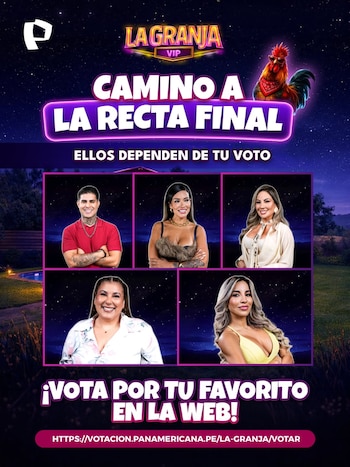 Póster de La Granja VIP con cinco finalistas sonriendo en recuadros, un gallo con gafas de sol, el logo del programa y un llamado a votar en línea