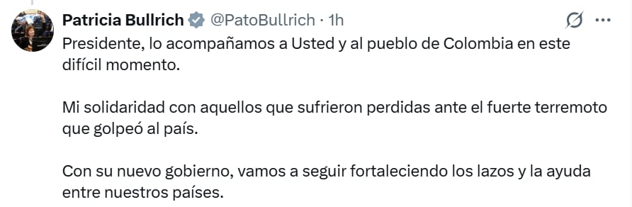 El mensaje en X de la senadora Patricia Bullrich tras el sismo