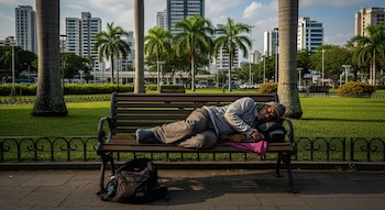Un hombre duerme en una banca de parque con una mochila en el suelo, rodeado de césped, palmeras, un cerco y edificios altos al fondo.