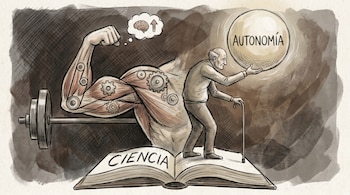 Ilustración sketch: Brazo musculoso con engranajes, mancuerna, burbuja cerebral. Anciano con bastón sobre libro "CIENCIA" alcanzando esfera "AUTONOMÍA".