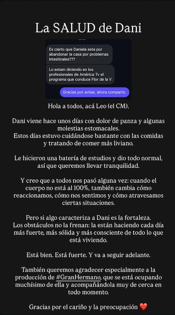 Una imagen digital muestra un comunicado de texto sobre la salud de Daniela De Lucía en Gran Hermano, con un título, mensajes de chat y el cuerpo del texto