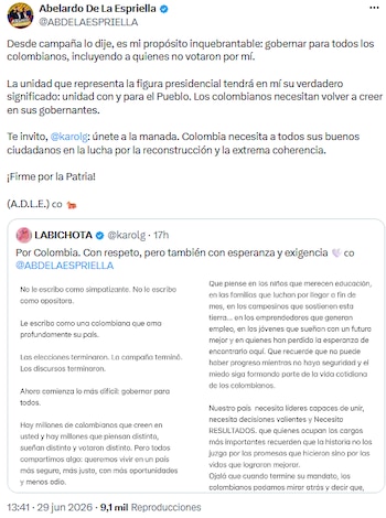 Abelardo de la Espriella envió mensaje a Karol G y aseguró: “Gobernaré para todos los colombianos” - crédito @ABDELAESPRIELLA/X