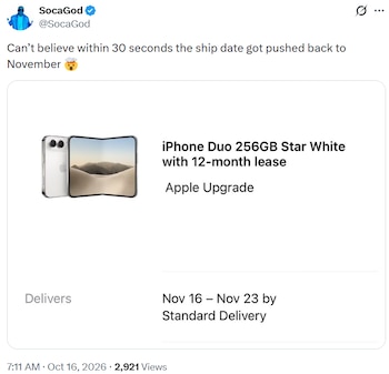 Captura de pantalla de un mensaje en redes sociales que muestra la imagen de un teléfono plegable e información de un pedido
