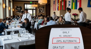 Vista de un recibo con una propina automática del 20% resaltada en rojo, superpuesto sobre un restaurante elegante con camareros y clientes.