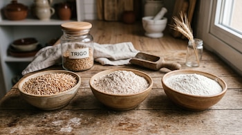Tres cuencos de cerámica contienen granos de trigo, harina integral y harina blanca sobre una mesa de madera en una cocina rústica.