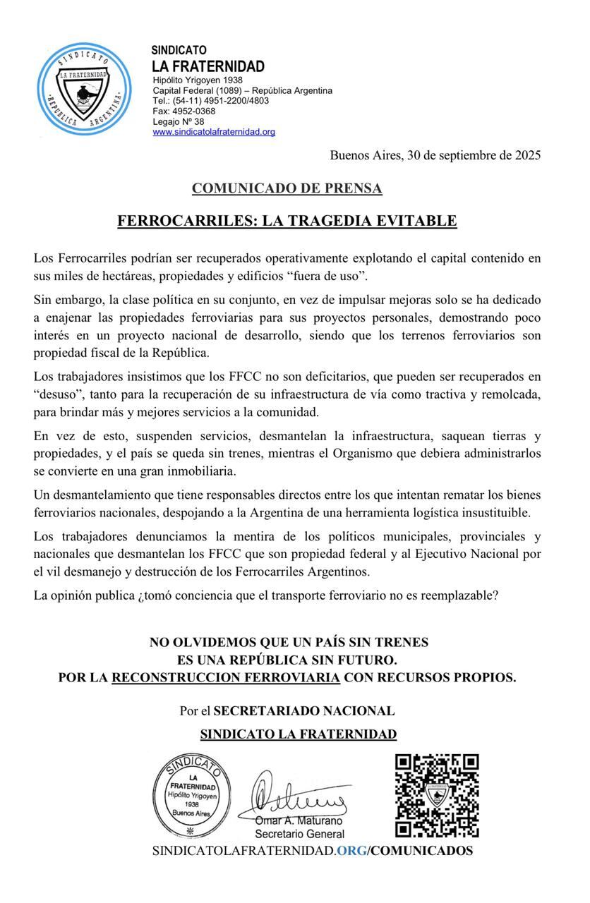 El comunicado de La Fraternidad alertando la suspensión de servicios de larga distancia
