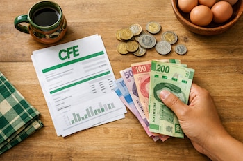 Vista cenital de una mano contando billetes y monedas mexicanas sobre una mesa de madera, junto a un recibo de CFE, taza de café y huevos.