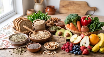 Mesa de madera con recipientes de lentejas, avena, semillas, frutos secos, pan integral, aguacate, brócoli, zanahorias y diversas frutas frescas.