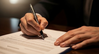 Primer plano de una mano sosteniendo un bolígrafo y firmando sobre un documento blanco. El texto del documento es visible y borroso.