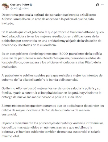 El expresidente señaló que los cuestionamientos al exjefe de la cartera desconocen medidas que, según afirmó, alejaron a la institución de violaciones de derechos y mejoraron las condiciones de sus integrantes - crédito @petrogustavo/X