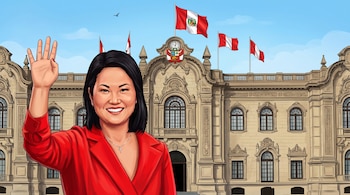 Ilustración de Keiko Fujimori, mujer asiática de cabello oscuro, vestida de rojo, sonriendo y levantando la mano frente al Palacio de Gobierno de Perú con banderas.