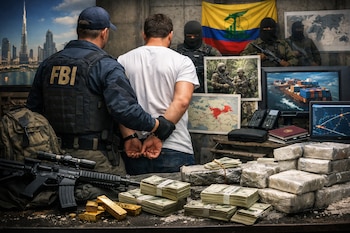 Agente del FBI detiene a un hombre esposado frente a un fondo con Dubái, una bandera colombiana y figuras armadas. Sobre la mesa, rifle, dinero, oro y paquetes de droga.