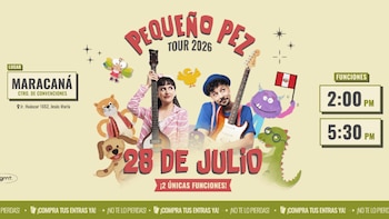 Afiche de Pequeño Pez Tour 2026. Dos músicos con guitarras, personajes animados y bandera peruana. Lugar Maracaná, 28 de julio, funciones 2:00 PM y 5:30 PM