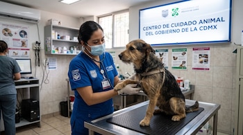 Una veterinaria con mascarilla y uniforme azul examina el pecho de un perro mestizo sobre una mesa metálica en un consultorio.