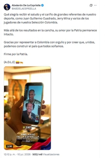 De la Espriella comparó el resultado del partido de Colombia ante Suiza con la segunda vuelta de las elecciones presidenciales, en las que superó a Iván Cepeda - crédito @ABDELAESPRIELLA/X
