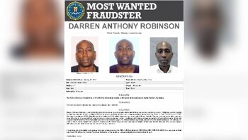 Cartel de búsqueda del FBI con el logo oficial, el título Most Wanted Fraudster, el nombre Darren Anthony Robinson y tres fotografías de un hombre