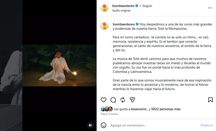 Li Saumet de Bomba Estéreo le dedicó unas palabras y una versión propia de