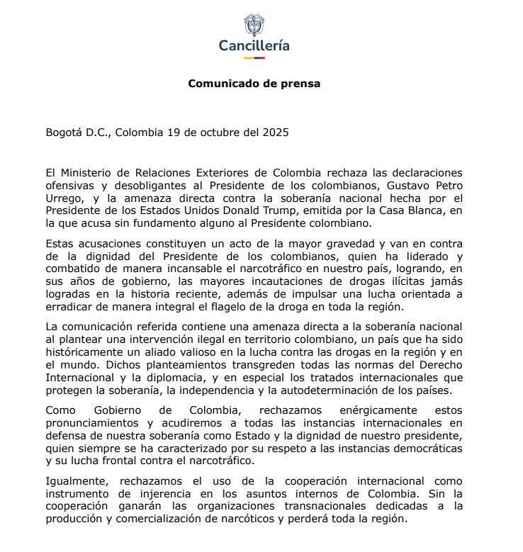 Comunicado oficial de la Cancillería de Colombia sobre las declaraciones de Donald Trump, presidente de Estados Unidos - crédito @petrogustavo/X