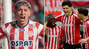 Composición de dos imágenes con un jugador con camiseta a rayas rojas y blancas a la izquierda y tres futbolistas que festejan a la derecha.