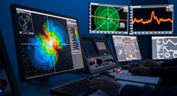 Una sala de control con múltiples monitores, un teclado, controles, manos escribiendo en una libreta, e imágenes de radioastronomía y gráficos.