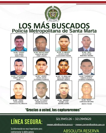 Cartel Lo Más Buscados en Santa Marta - crédito Policía Nacional