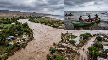 Vista aérea de un río de agua marrón desbordado en la costa y un recuadro superior con pescadores en una embarcación de madera