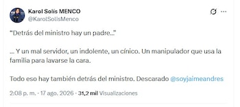 Además de "descarado", Solís se refirió a Beltrán como "cínico" por la respuesta que ofreció por medio de un video que compartió a través de redes sociales - crédito @KarolSolisMenco/X