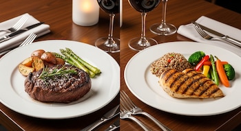Dos platos en una mesa de madera oscura. Uno con filete de carne, papas y espárragos. Otro con pechuga de pollo, quinoa, brócoli y pimientos. Hay copas de vino y una vela.