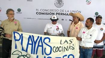 Cinco hombres sostienen una manta con texto "PLAYAS LAS COCINAS LIBRES" y un dibujo de tortuga. Fondo con logos del H. Congreso de la Unión.